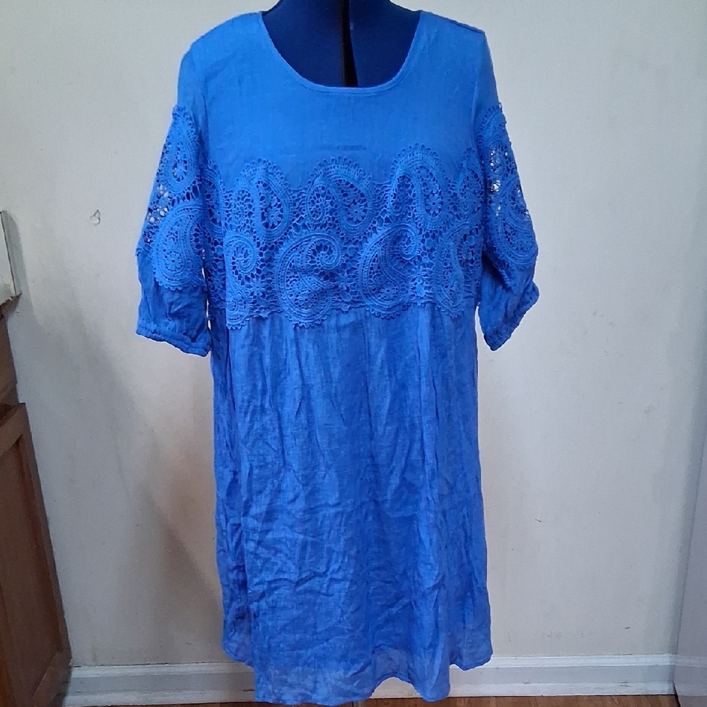 Indigo Rose Cornflower Blue Lace Womens Smock Style Dress